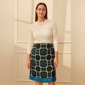 Vintage Talbots Women's Pure Silk Teal & Brown Geometric Lined Skirt Size 6